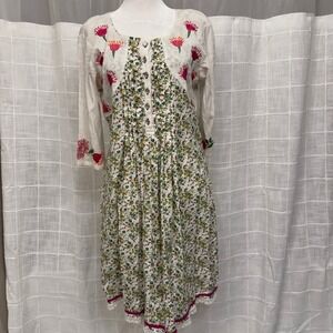 Boho Floral Embroidered Gauze Dress White Pink Green Lace Trim 3/4 Sleeve